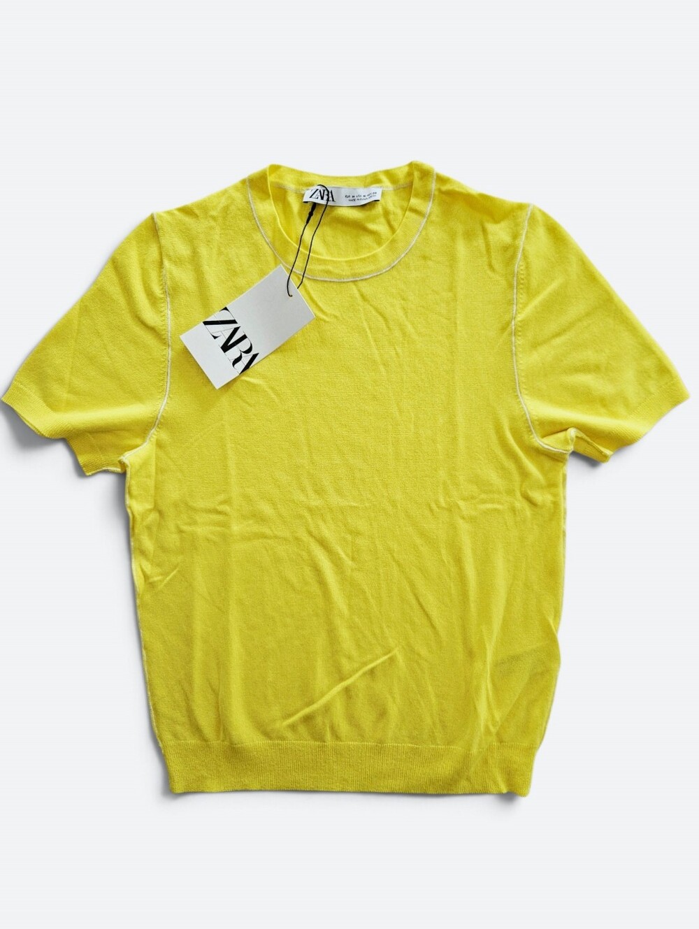 NWT Zara Yellow Knit Round Crew Neck Short Sleeve Contrast Piping Shirt Top M